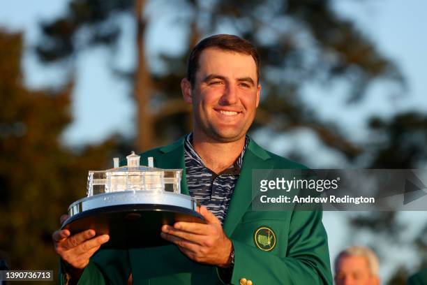 Scottie Scheffler poses with the Masters trophy during the Green Jacket Ceremony after winning the Masters at Augusta National Golf Club on April 10,...
