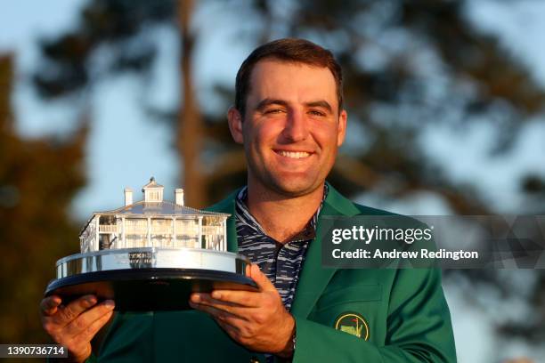 Scottie Scheffler poses with the Masters trophy during the Green Jacket Ceremony after winning the Masters at Augusta National Golf Club on April 10,...