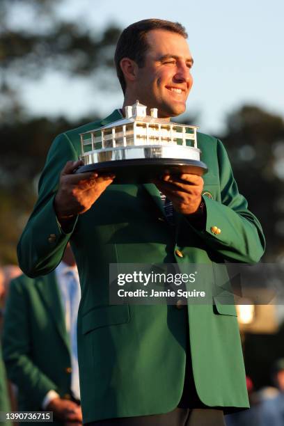 Scottie Scheffler poses with the Masters trophy during the Green Jacket Ceremony after winning the Masters at Augusta National Golf Club on April 10,...