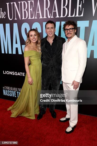 Lily Sheen, Nicolas Cage and Pedro Pascal attend "The Unbearable Weight Of Massive Talent" New York Screening at Regal Essex Crossing on April 10,...