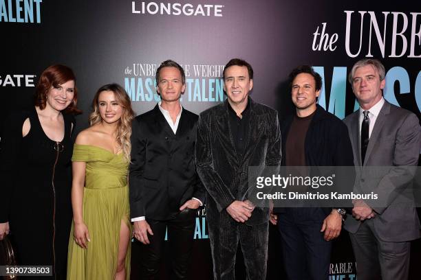 Kristin Burr, Lily Sheen, Neil Patrick Harris, Nicolas Cage, Tom Gormican and Mike Nilon attends "The Unbearable Weight Of Massive Talent" New York...