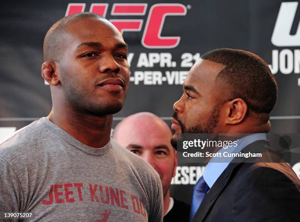 Fighters Jon Jones and Rashad Evans pose after a press conference promoting UFC 145: Jones v Evans at Philips Arena on February 16, 2012 in Atlanta,...