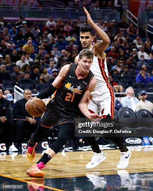 Moritz Wagner of the Orlando Magic drives for the net during the third quarter against the Miami Heat at Amway Center on April 10, 2022 in Orlando,...