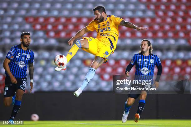 Andre Pierre Gignac of Tigres kicks the ball during the 13th round match between Queretaro and Tigres UANL as part of the Torneo Grita Mexico C22...