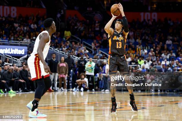 Hampton of the Orlando Magic shoots a three pointer during the fourth quarter against the Miami Heat at Amway Center on April 10, 2022 in Orlando,...