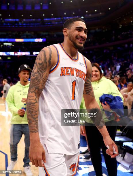 Obi Toppin of the New York Knicks walks off the court after the game against the Toronto Raptors at Madison Square Garden on April 10, 2022 in New...