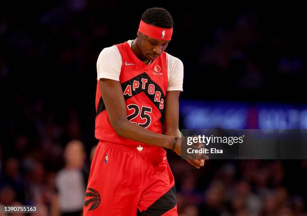 Chris Boucher of the Toronto Raptors reacts late in the fourth quarter against the New York Knicks at Madison Square Garden on April 10, 2022 in New...