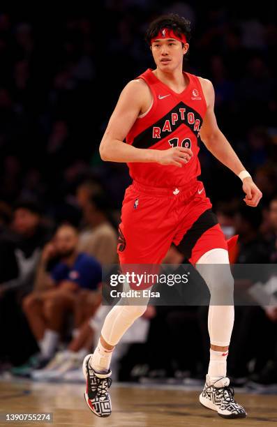 Yuta Watanabe of the Toronto Raptors reacts late in the game against the New York Knicks at Madison Square Garden on April 10, 2022 in New York City....