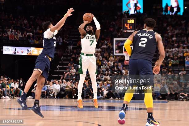 Jaylen Brown of the Boston Celtics takes a shot during the second half against Jarrett Culver of the Memphis Grizzlies at FedExForum on April 10,...