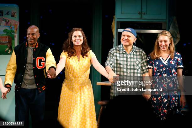 John Earl Jelks, Debra Messing, Enrico Colantoni and Susannah Flood take a bow during the "Birthday Candles" curtain call of Broadway Opening Night...