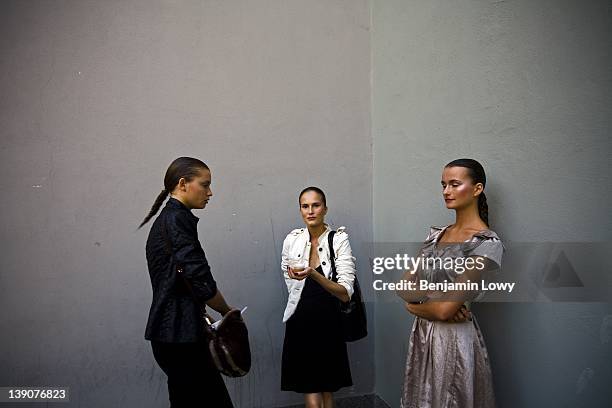 Models are styled and fitted backstage of the Emporio Armani show during Milan Fashion Week on September 21, 2008 in Milan, Italy.