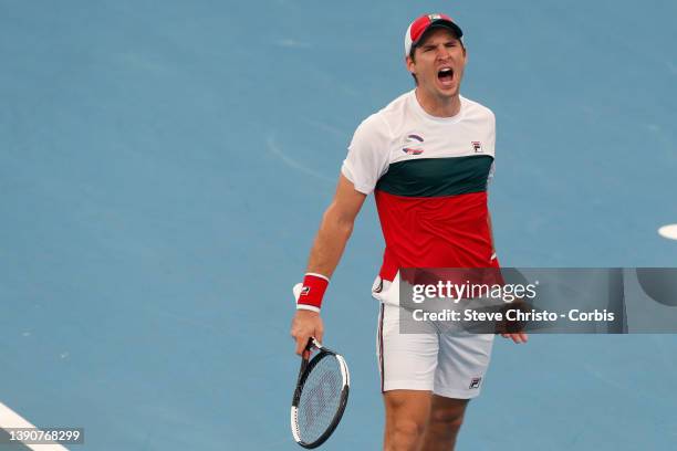 Dusan Lajovic of Serbia reacts to winning the match against Felix Auger- Aliassime of Canada during their 2020 ATP Cup tie on day eight between...