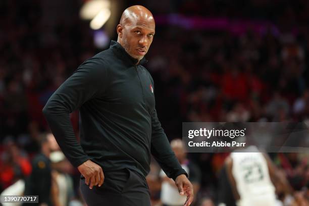 Head coach Chauncey Billups of the Portland Trail Blazers looks on during action against the Utah Jazz in the third quarter at Moda Center on April...