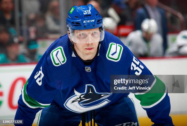 Alex Chiasson of the Vancouver Canucks skates up ice during their NHL game against the San Jose Sharks at Rogers Arena April 9, 2022 in Vancouver,...