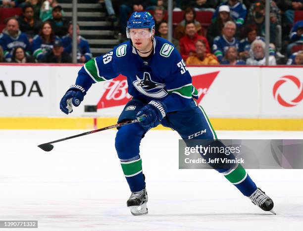 Alex Chiasson of the Vancouver Canucks skates up ice during their NHL game against the San Jose Sharks at Rogers Arena April 9, 2022 in Vancouver,...