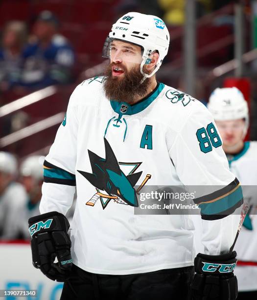 Brent Burns of the San Jose Sharks skates up ice during their NHL game against the Vancouver Canucks at Rogers Arena April 9, 2022 in Vancouver,...