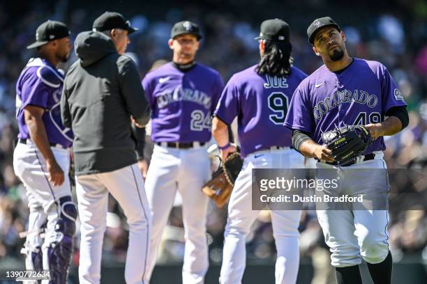 Antonio Senzatela of the Colorado Rockies reacts as he is pulled by Bud Black in the fourth inning of a game against the Los Angeles Dodgers at Coors...