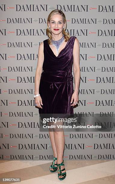 Actress Sharon Stone attends a cocktail party held at Damiani Flagship store on February 16, 2012 in Milan, Italy.