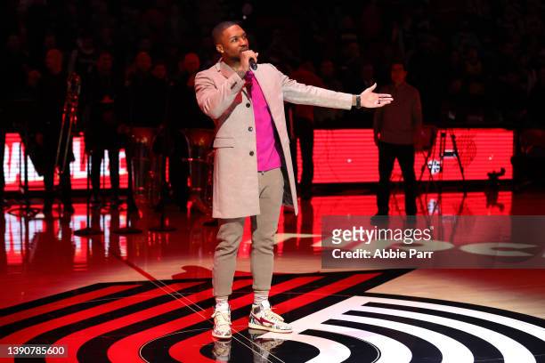 Damian Lillard of the Portland Trail Blazers speaks to fans during fan appreciation night before the game against the Utah Jazz at Moda Center on...