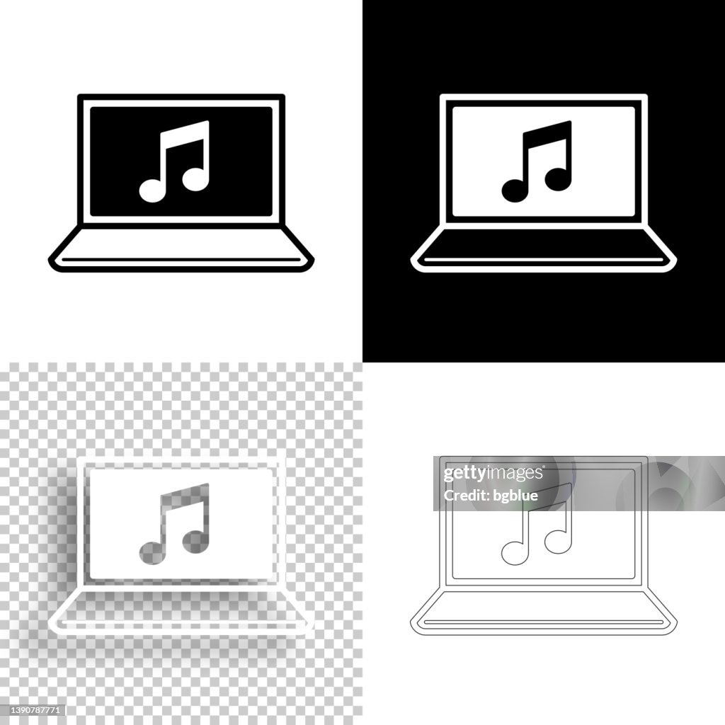 Musique sur ordinateur portable. Icône pour le design. Arrière-plans vides, blancs et noirs - Icône de ligne