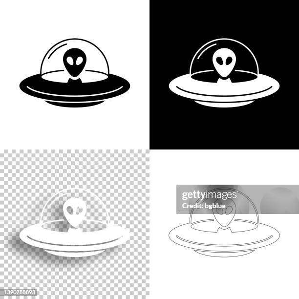 illustrations, cliparts, dessins animés et icônes de ovni - soucoupe volante avec extraterrestre. icône pour le design. arrière-plans vides, blancs et noirs - icône de ligne - extraterrestre