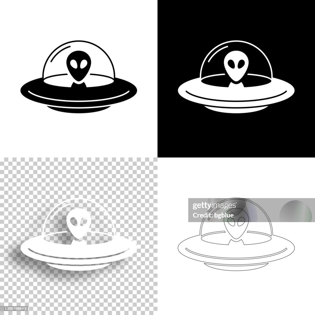 UFO - Flying saucer with alien. Icon for design. Blank, white and black backgrounds - Line icon