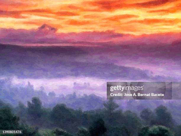 oil painting with a landscape of silhouettes of mountains at dawn. - mountain oil painting stock pictures, royalty-free photos & images