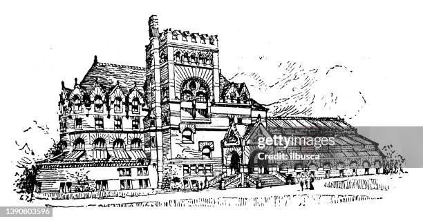 antique illustration of usa, pennsylvania landmarks and companies: philadelphia, library, university of pennsylvania - penn commercial business stock illustrations