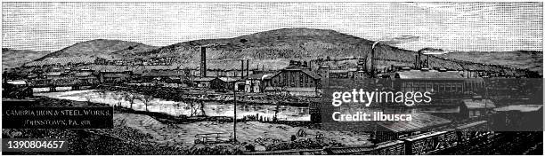 antique illustration of usa, pennsylvania landmarks and companies: johnstown, cambria iron works - johnstown pennsylvania stock illustrations