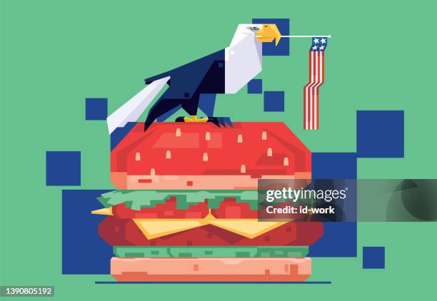 illustrazioni stock, clip art, cartoni animati e icone di tendenza di aquila calva in piedi su un grande hamburger - funny burger vector