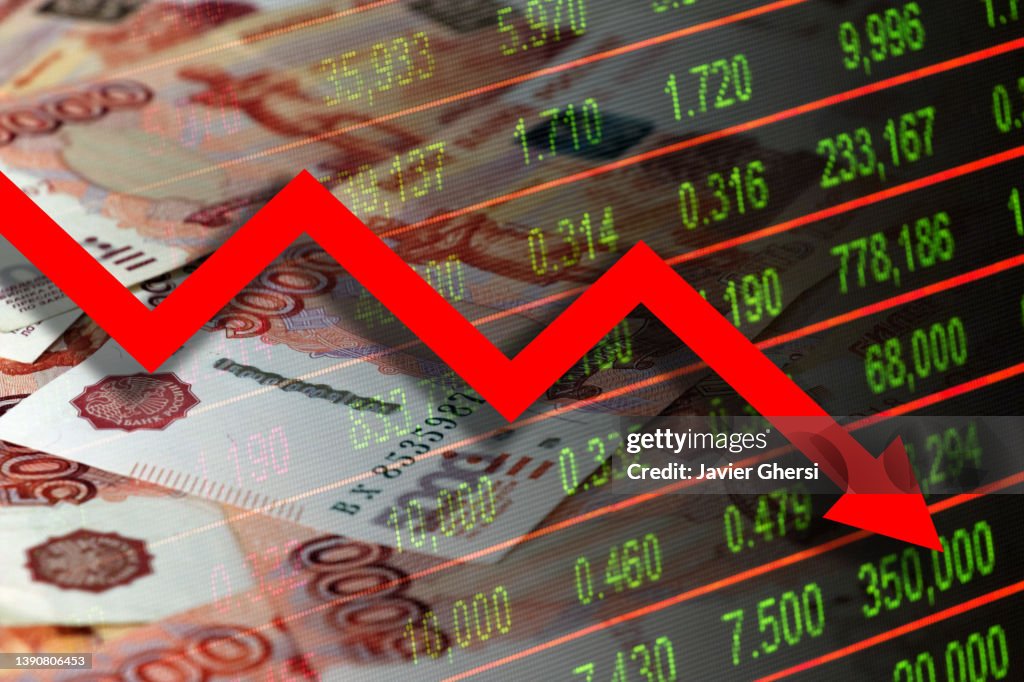 Economy Graph Russian Rubles Stock Market Indicators And Downward Red