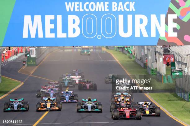 Start in the lead Charles Leclerc Team Scuderia Ferrari, F1-75, followed by Max Verstappen and Sergio Perez, Oracle Red Bull Racing RB18 Honda during...