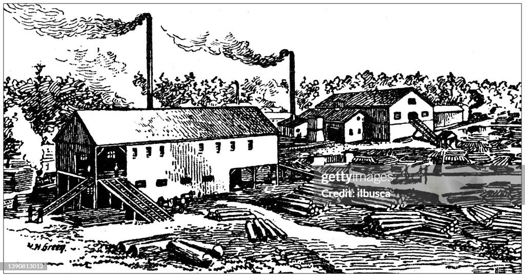 Ilustración antigua de EE.UU., Texas puntos de referencia y empresas: Molino de madera