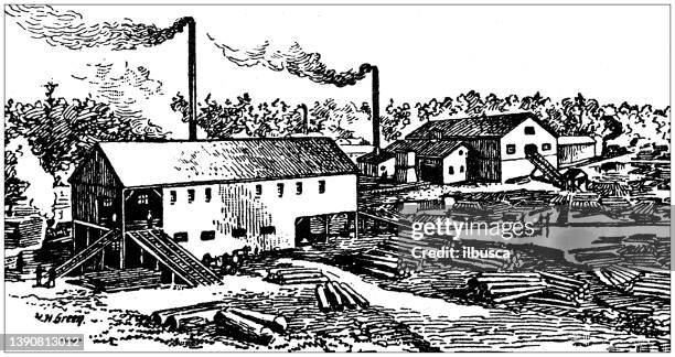 ilustraciones, imágenes clip art, dibujos animados e iconos de stock de ilustración antigua de ee.uu., texas puntos de referencia y empresas: molino de madera - ingeniero de montes