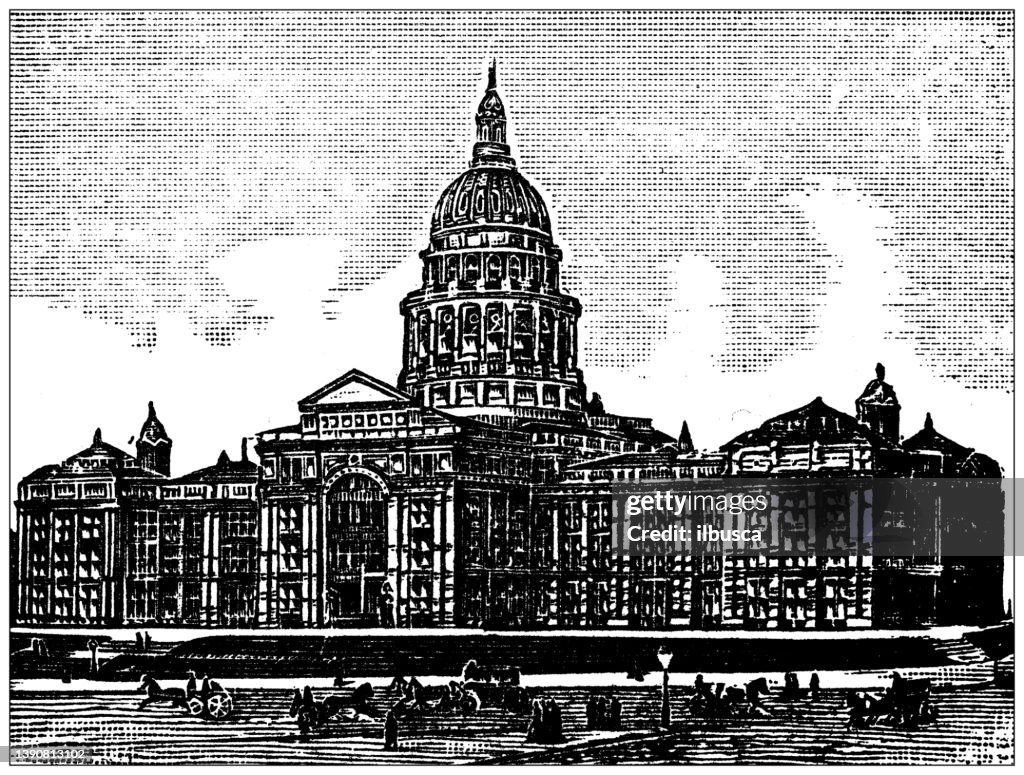 Antique illustration of USA, Texas landmarks and companies: Austin, State Capitol
