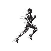 Run, sprinting running man, isolated vector silhouette, grungy style