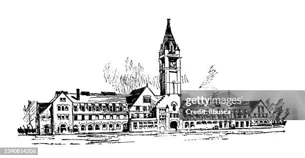antique illustration of usa, utah landmarks and companies: ogden, union railway station - ogden utah stock illustrations