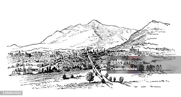 stockillustraties, clipart, cartoons en iconen met antique illustration of usa, utah landmarks and companies: ogden, wahsatch mountains - wasatch-mountains