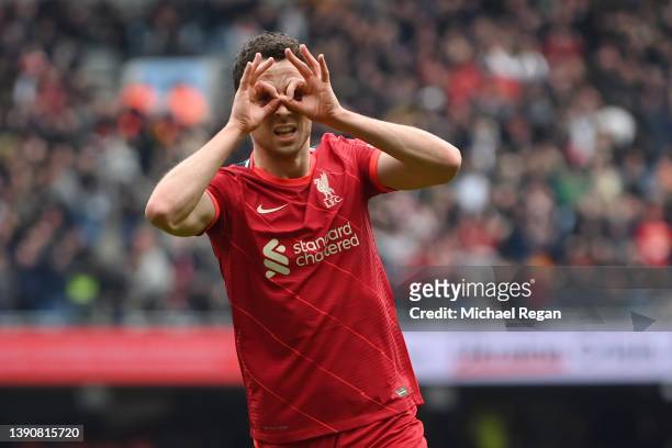Diogo Jota of Liverpool celebrates his goal during the Premier League match between Manchester City and Liverpool at Etihad Stadium on April 10, 2022...