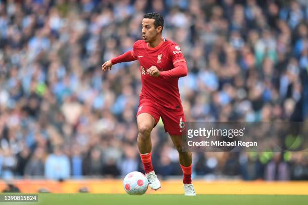 Thiago Alcantara of Liverpool in action during the Premier League match between Manchester City and Liverpool at Etihad Stadium on April 10, 2022 in...