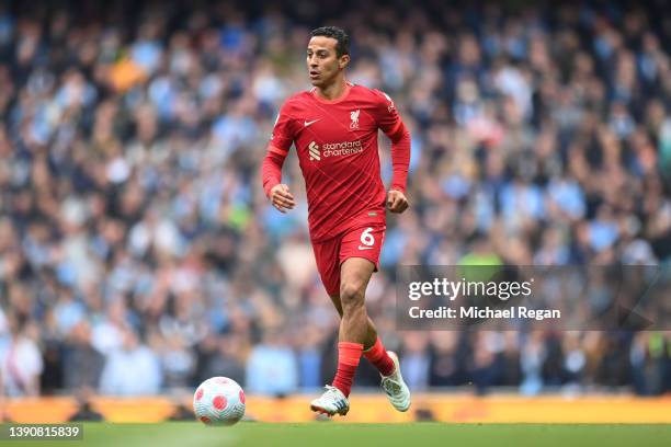Thiago Alcantara of Liverpool in action during the Premier League match between Manchester City and Liverpool at Etihad Stadium on April 10, 2022 in...