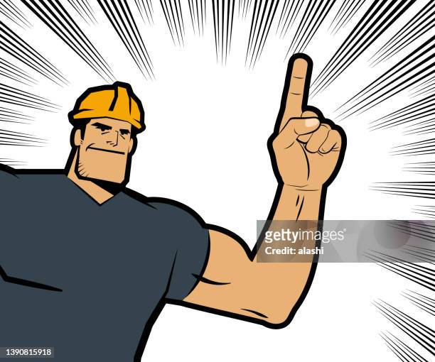 a strong worker with a hard hat smiles and points upwards with his index finger, with comics effects lines in the background - macho stock illustrations