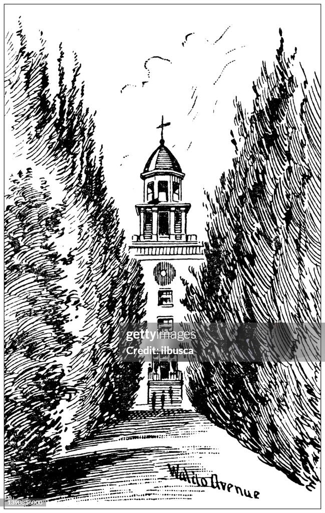 Antique illustration of USA, Vermont landmarks and companies: Middlebury College, Starr Hall