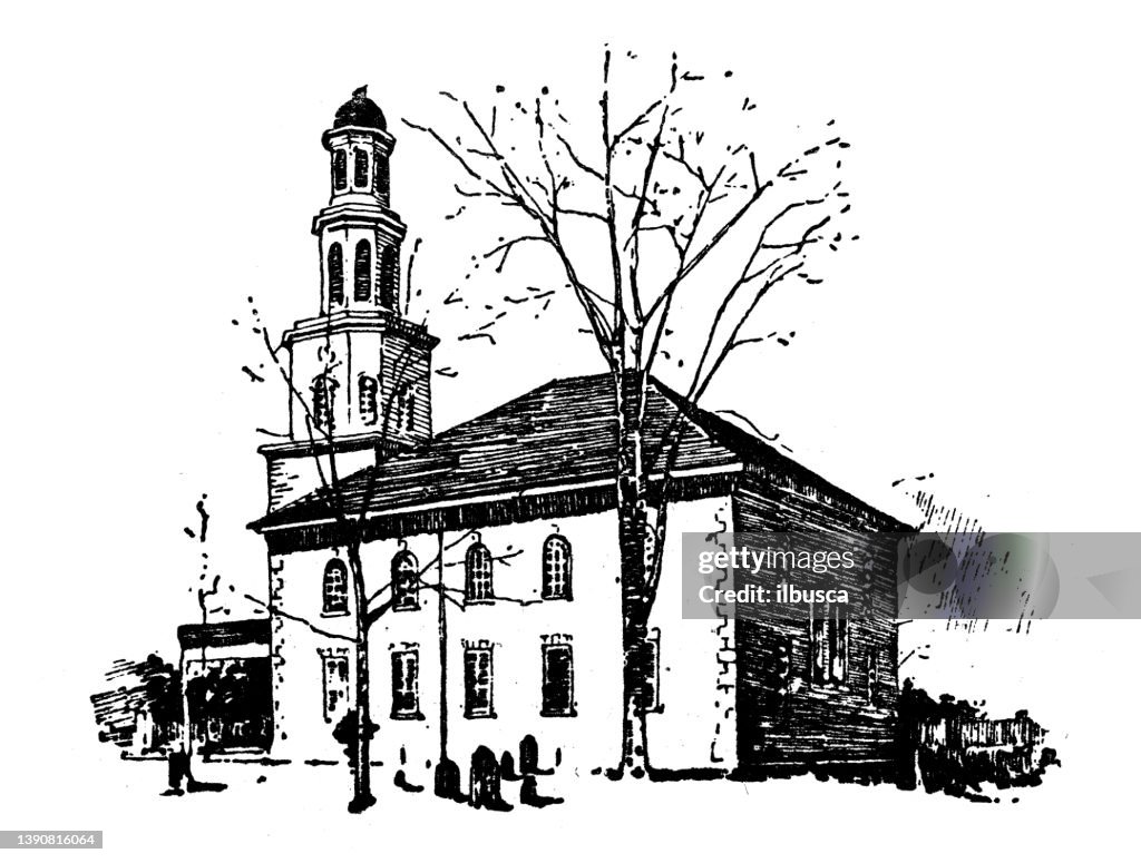 Ilustración antigua de ee.UU., Virginia puntos de referencia y empresas: Alejandría, Iglesia donde Washington adoraba