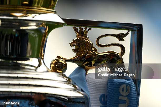 Detail view of the Premier League trophy during the Premier League match between Manchester City and Liverpool at Etihad Stadium on April 10, 2022 in...