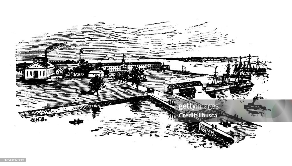 Antique illustration of USA, Virginia landmarks and companies: Portsmouth (Gosport), Navy Yard