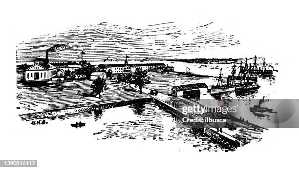 antique illustration of usa, virginia landmarks and companies: portsmouth (gosport), navy yard - portsmouth va stock illustrations