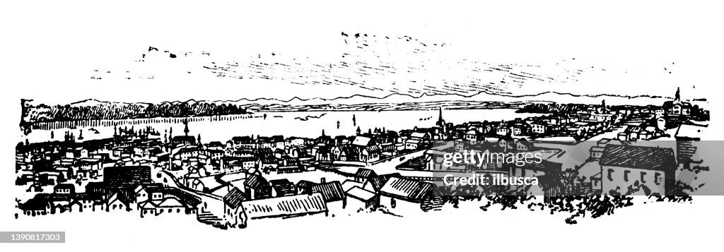Antique illustration of USA, Washington landmarks and companies: Seattle, Puget Sound