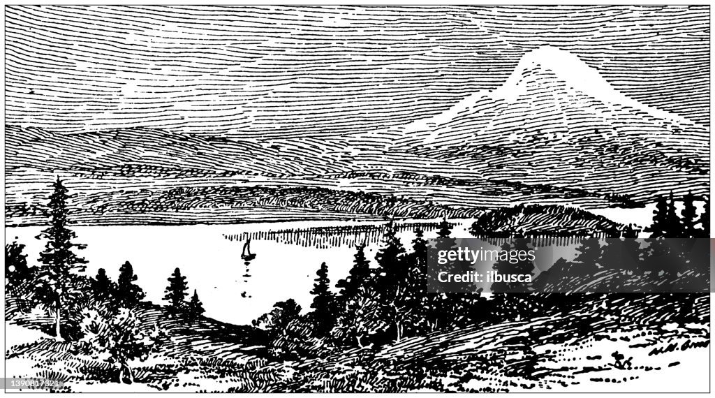 Antique illustration of USA, Washington landmarks and companies: East Seattle and Mount Rainier (Tacoma)
