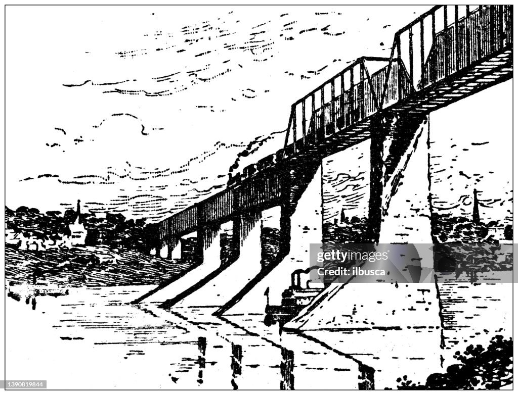 Antique illustration of USA, West Virginia landmarks and companies: Parkersburg, Baltimore and Ohio Bridge
